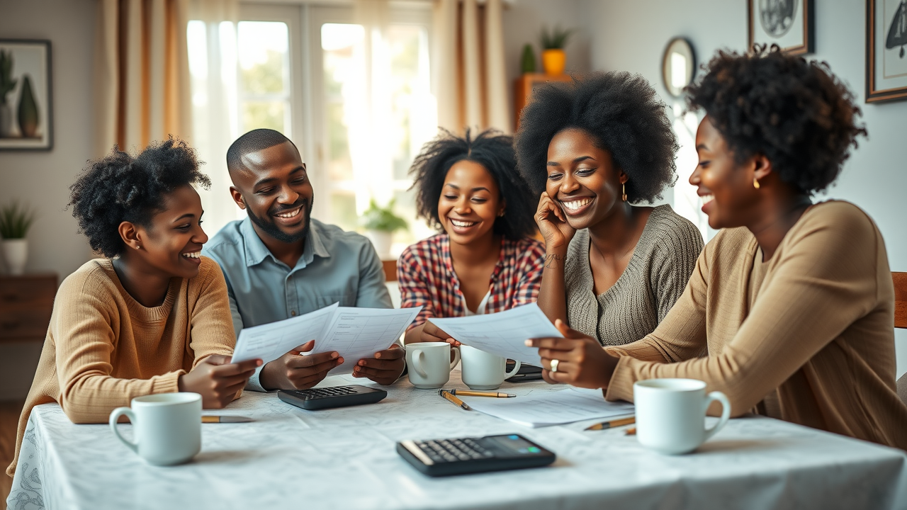 Diverse family joyfully managing household budget for financial stress relief