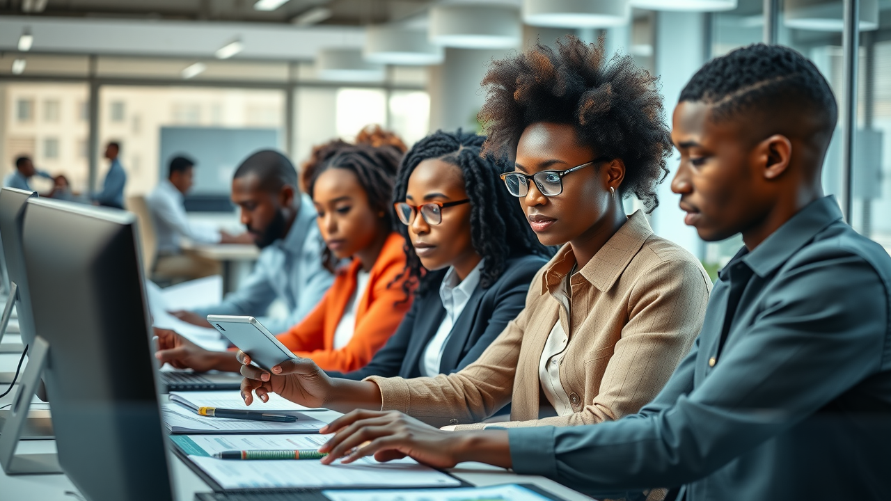 time management techniques in a dynamic office environment with focused professionals collaborating in a modern open-plan office