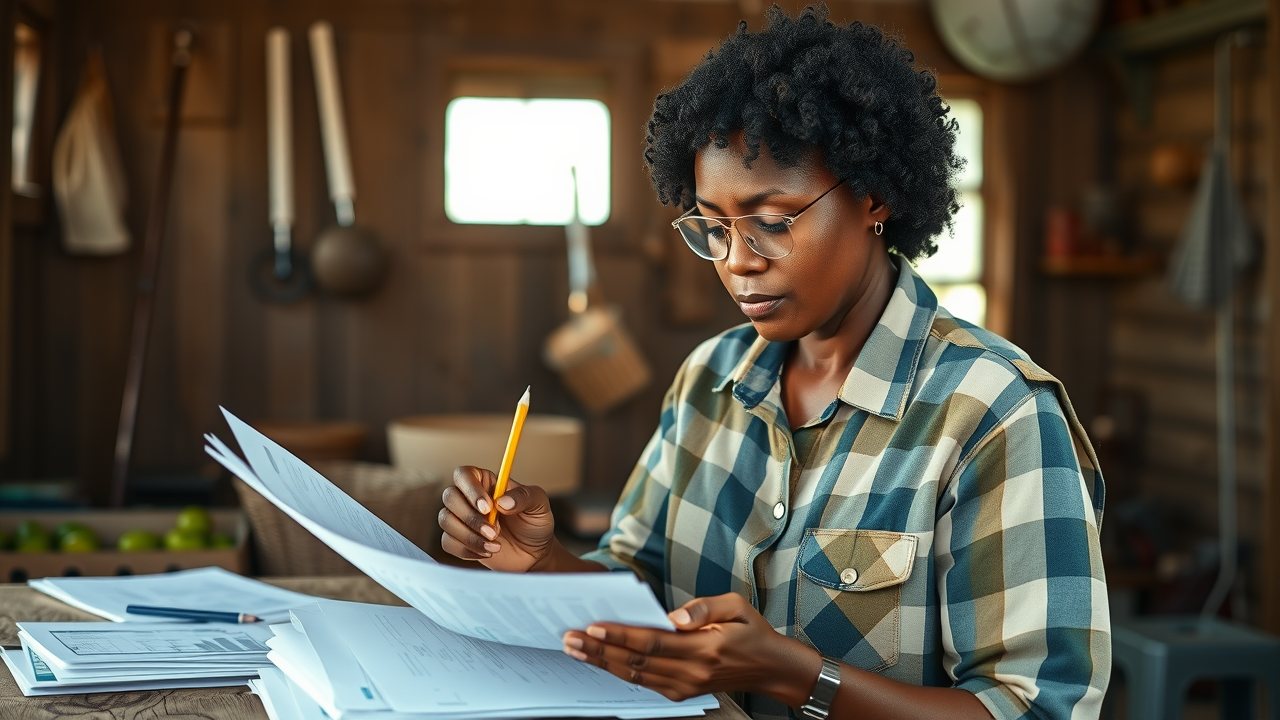 Thoughtful farmer reviewing financial records addressing sustainable agribusiness challenges