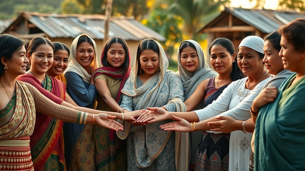 Diverse women holding hands in trust circle as part of saving groups for financial empowerment,