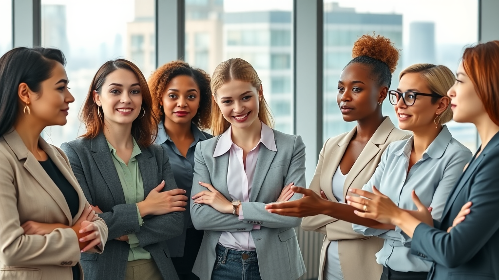 Inspirational group of diverse businesswomen discussing exclusive women in business mindset insights with cityscape background