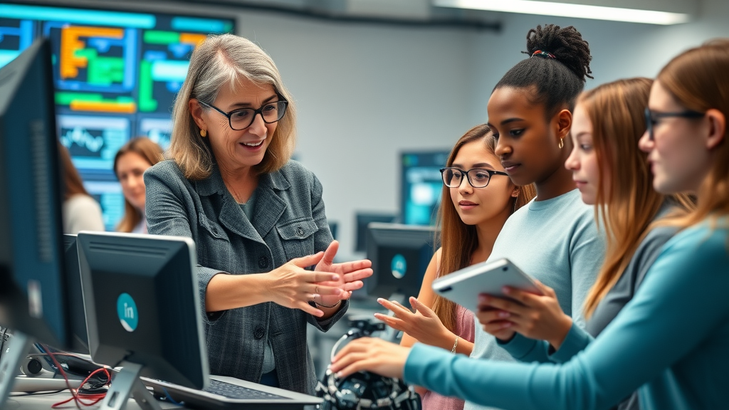 Supportive senior woman mentor guiding young women in STEM, digital transformation, generation of women leaders