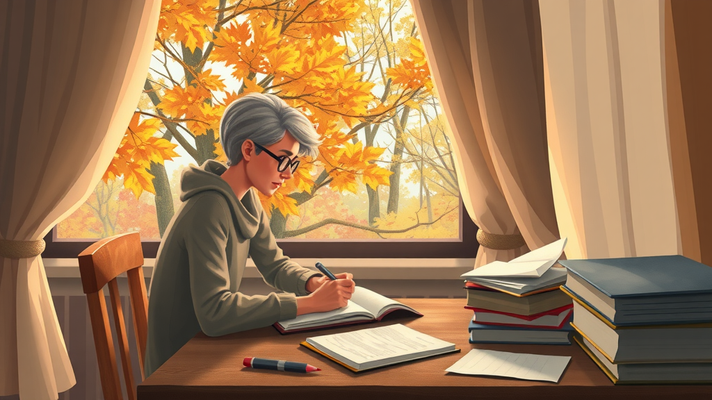 Adult learner reflecting on personal growth and education through seasonal changes by a window