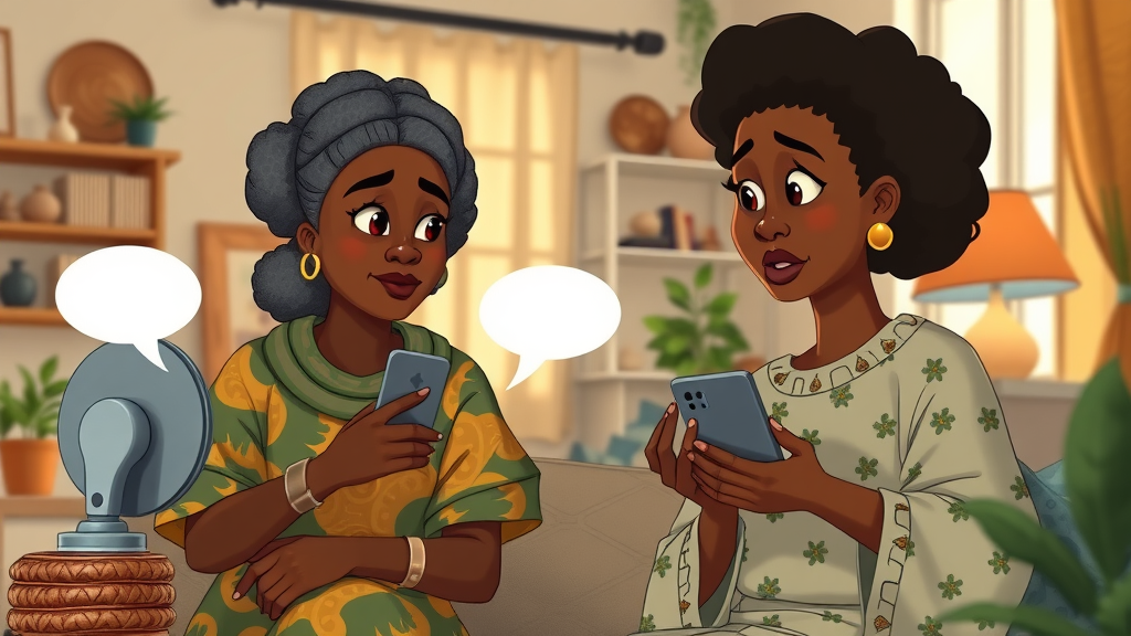African women interacting with voice-activated AI assistant in a culturally rich home setting