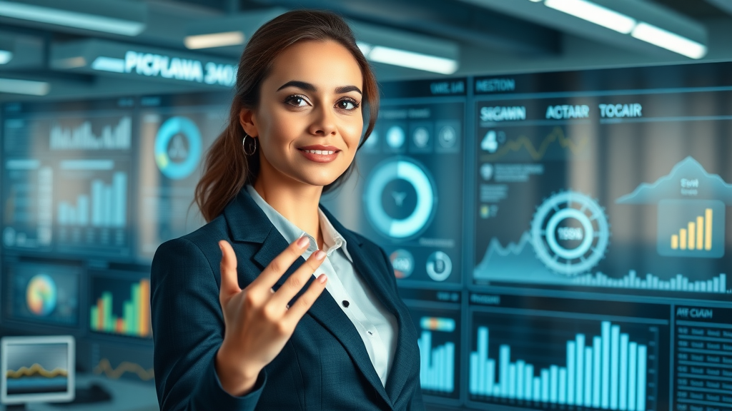 Dynamic young woman executive at the forefront of digital transformation dashboard, generation of women leaders, AR interfaces