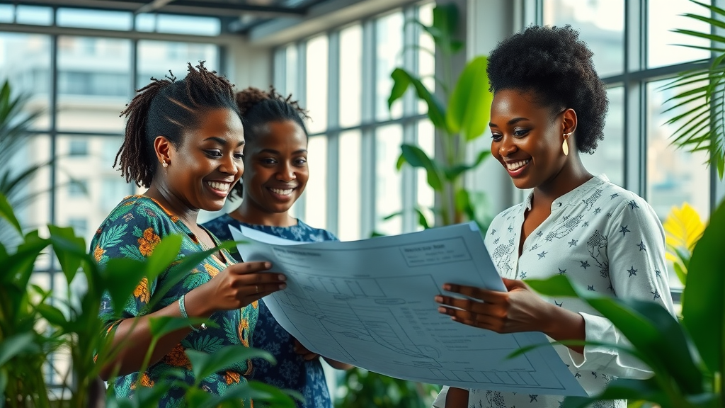 Collaborative team of African women working together on innovation blueprints in a modern open innovation hub, female-led vc funds africa