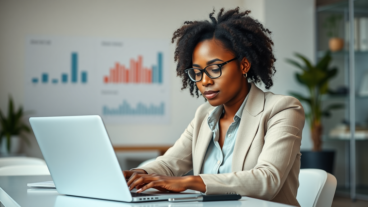 Small business owner carefully managing finances using a laptop in a modern office setting, exemplifying budgeting and saving strategies