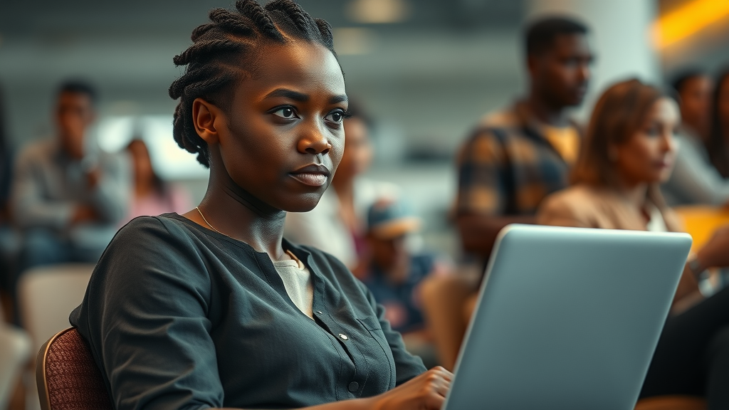 Serious African woman working alone with laptop, reflecting on obstacles to technology adoption