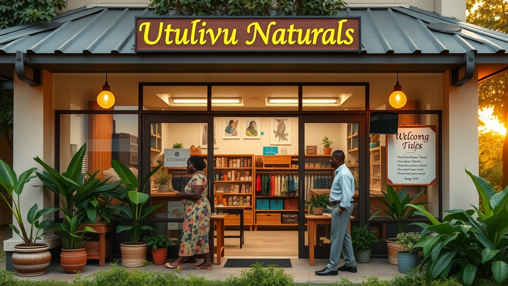 Eco-friendly Utulivu Naturals shopfront with Ugandan community members entering in welcoming atmosphere