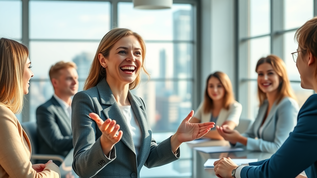 Empowered female executive leading a team, promoting work-life balance for women with supportive colleagues