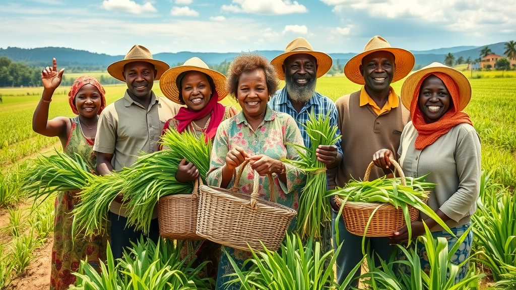 Diverse Ugandan farmers harvesting lemongrass with proud expressions