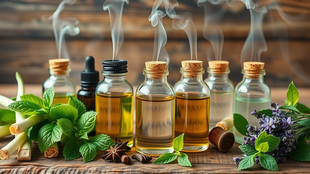 Array of essential oil bottles with aromatic herbs highlighting agribusiness essential oils variety