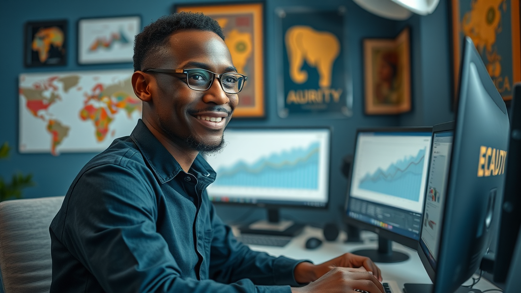 successful young African digital entrepreneur at computer analyzing business growth data, digital transformation for African entrepreneurs in a modern workspace