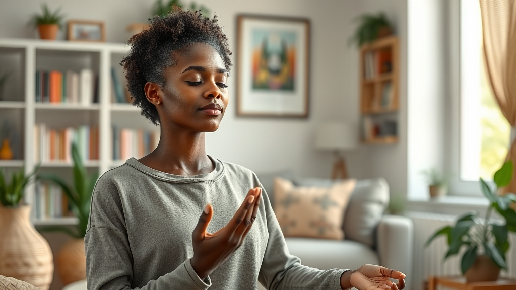africana woman meditating and practicing mindful self-reflection in a culturally-inspired living space