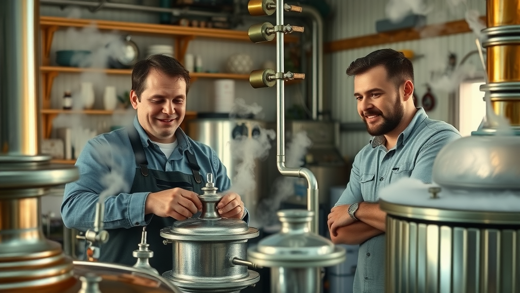 Farmers operating steam distillation apparatus extracting essential oils, exemplifying value addition in agriculture