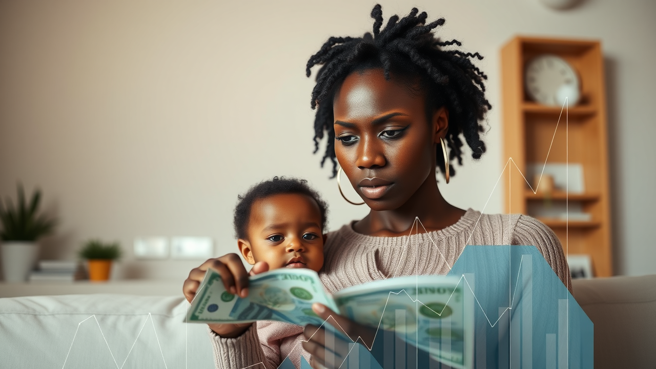 Financial freedom for women and children - thoughtful woman with child managing household finances