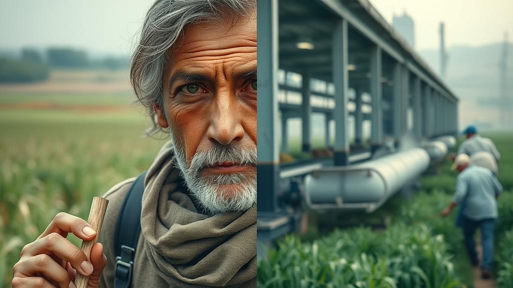 Split-scene comparing smallholder farmer’s basic tools and modern factory engaging in value addition