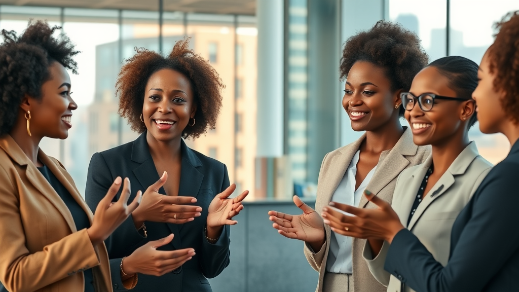 Inspirational group of African female venture capitalists discussing female-led VC funds Africa in a modern office