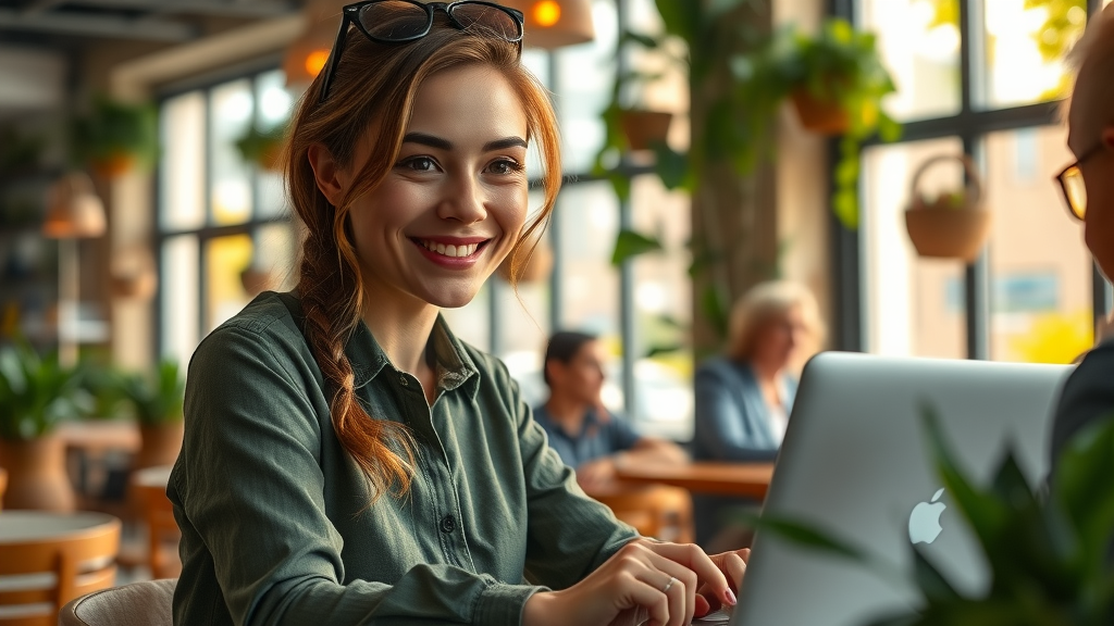 inspiring female entrepreneur thriving in business in an eco-friendly coffee shop