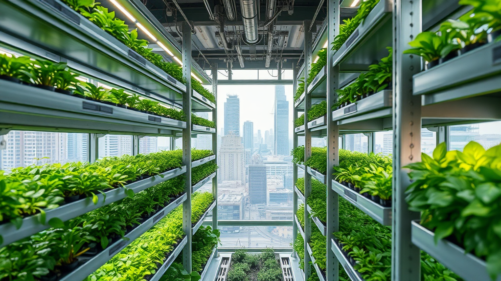 Modern sustainable agribusiness innovation high-tech urban vertical farm with lush plants