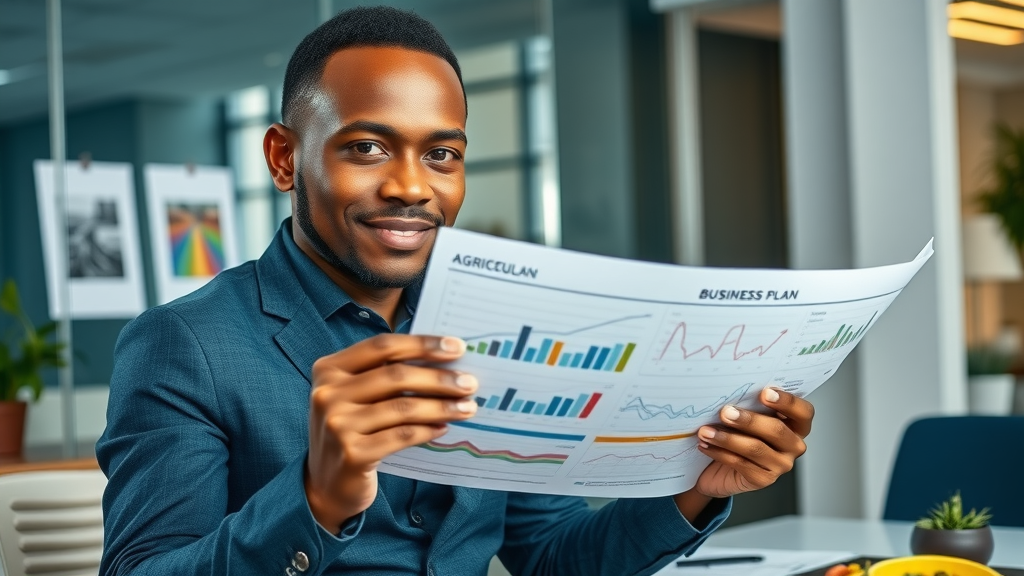 Confident African agripreneur presenting detailed agricultural business plans in modern office