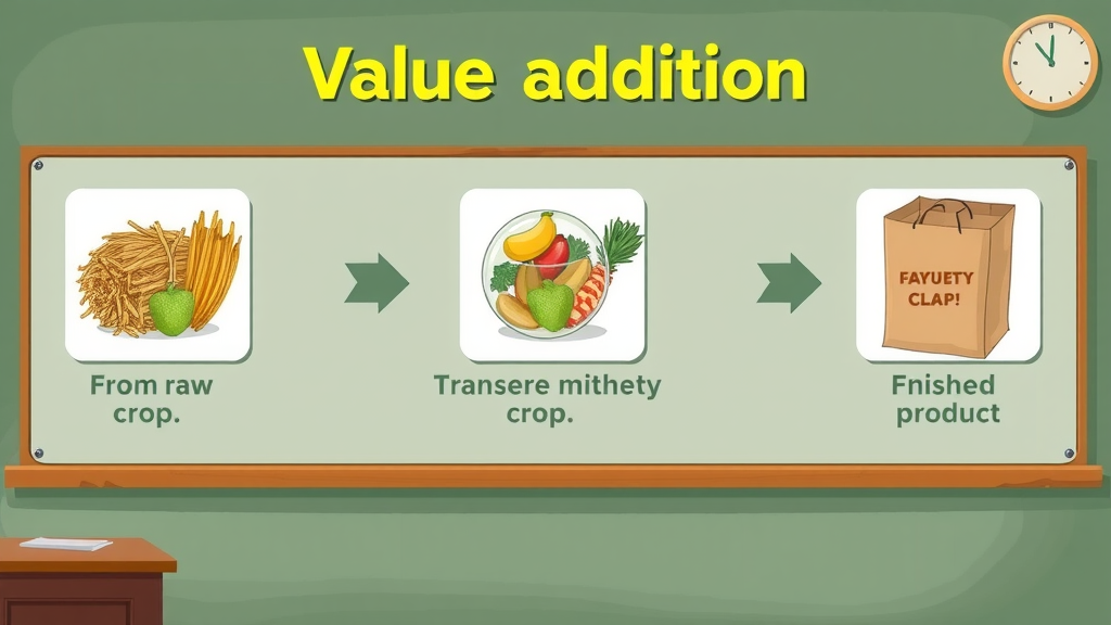 Educational diagram showing value addition process from raw crop to finished product