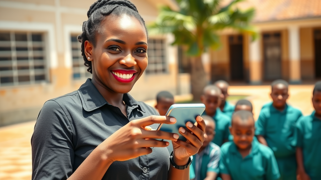 Successful African female social entrepreneur showing mobile learning app to local students, demonstrating Ubuntu values in social entrepreneurship theory
