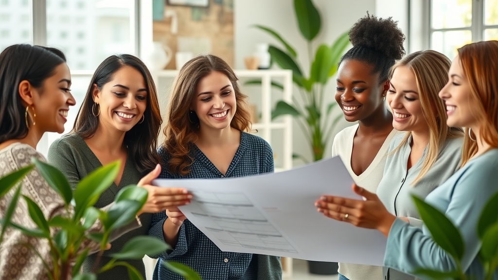 Financial freedom for women and children - diverse group of women collaborating on business plan