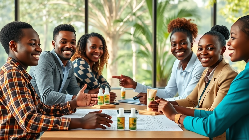 Forward-looking African team discussing natural wellness products in modern Ugandan office