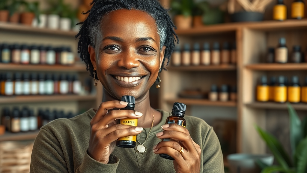 Utulivu Naturals founder gently holding glass bottled essential oils in a rustic interior setting
