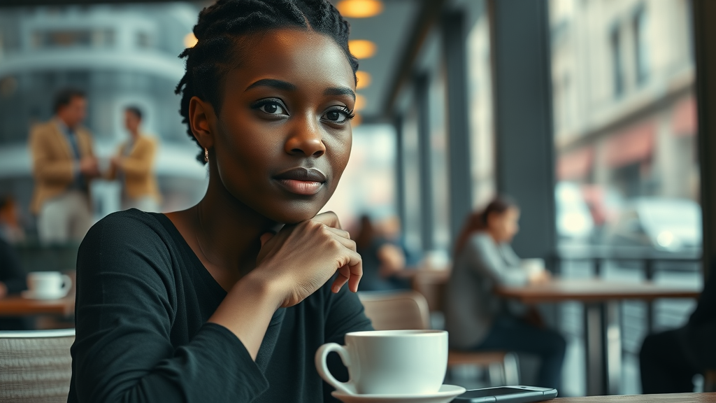 africana woman at café facing distractions, contemplating self-discipline challenges