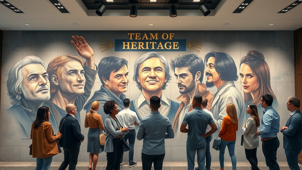 heritage and innovation mural in corporate setting - Team admires modern artwork blending past and future