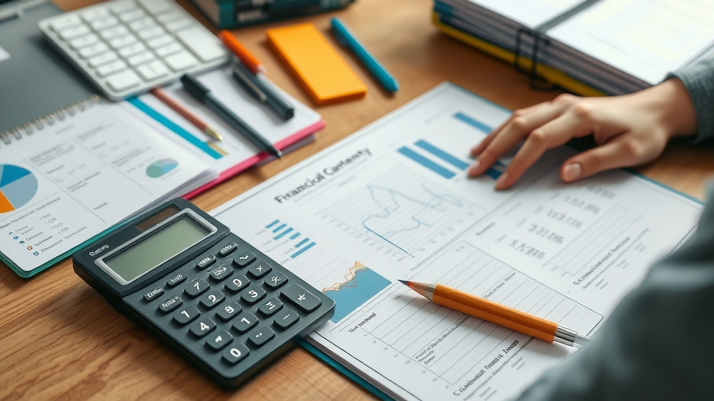 Organized desk with financial planners and ledgers showing small business finance trends
