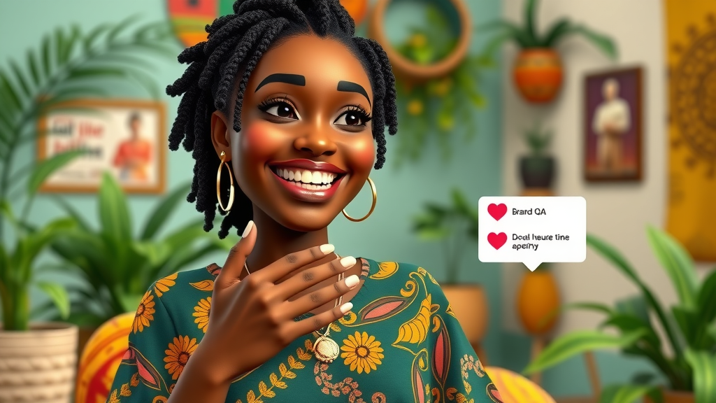 Charismatic African woman entrepreneur live-streaming a brand Q&A session, engaging dynamically with audience comments and icons in a colorful studio.
