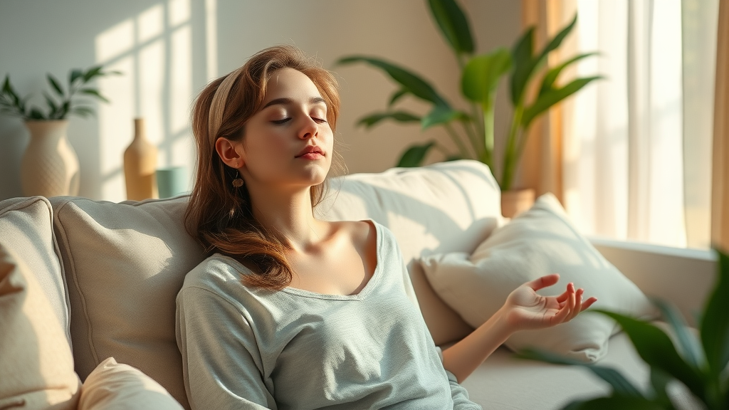 Young woman resting, practicing mental health rituals for work-life balance for women, in a cozy home setting