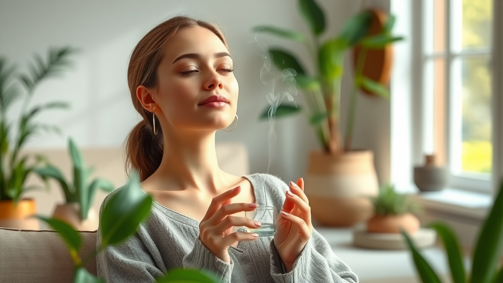 Woman enjoying aromatherapy with natural wellness products in a bright, peaceful home