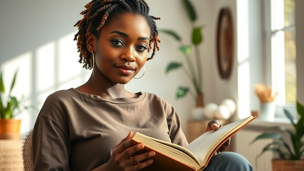 self-discipline and motivation for africana and diaspora women journaling in a sunlit modern home, surrounded by African-inspired décor
