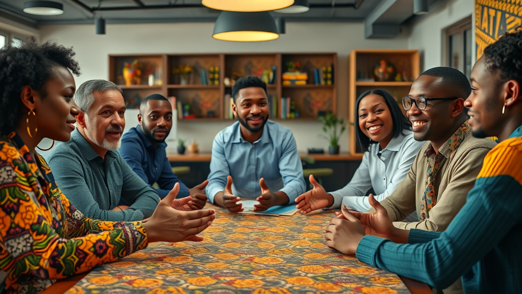 African entrepreneurs discussing boundary setting in an office with traditional fabrics and cultural motifs