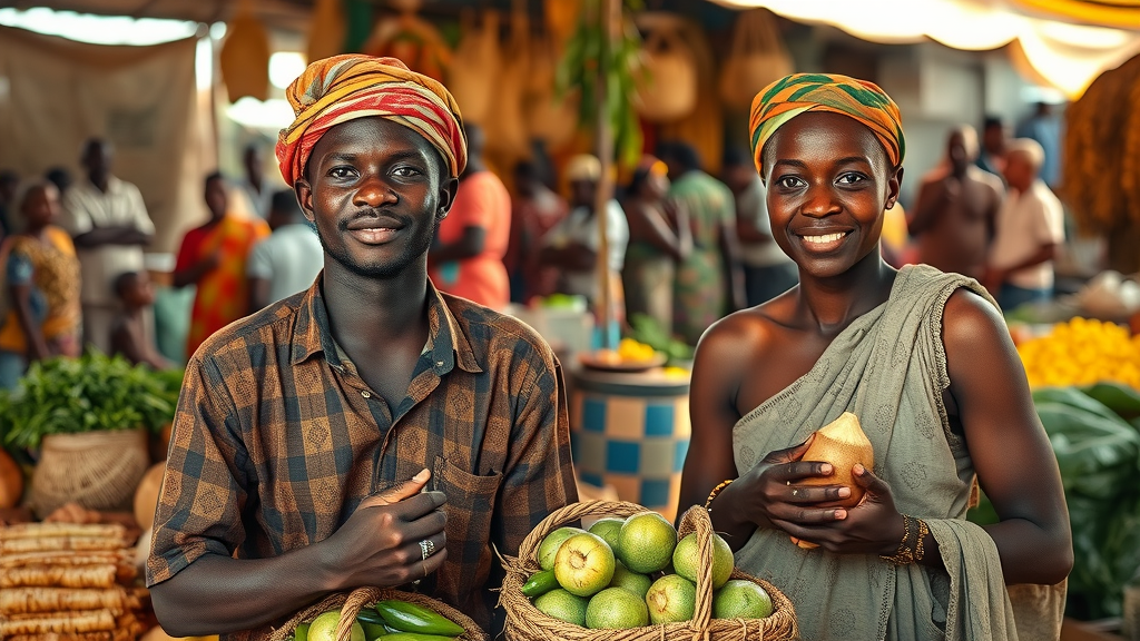 African farmers confidently displaying value-added agricultural products in vibrant rural marketplace