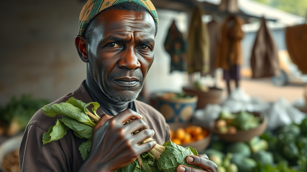 Worried African farmer contemplating unsold produce in marketplace