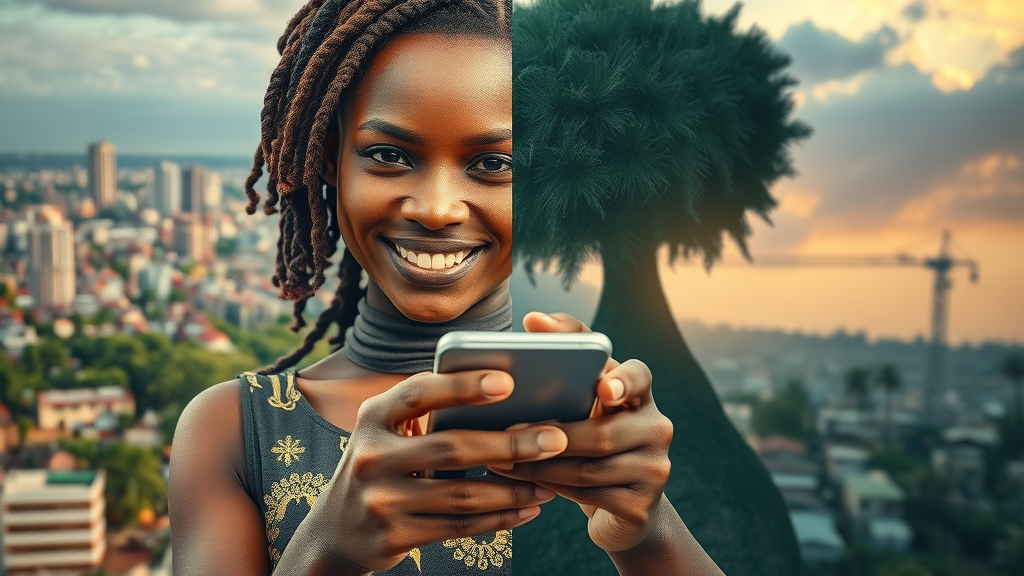 African woman entrepreneur using digital device in rural and urban settings, bridging the digital divide