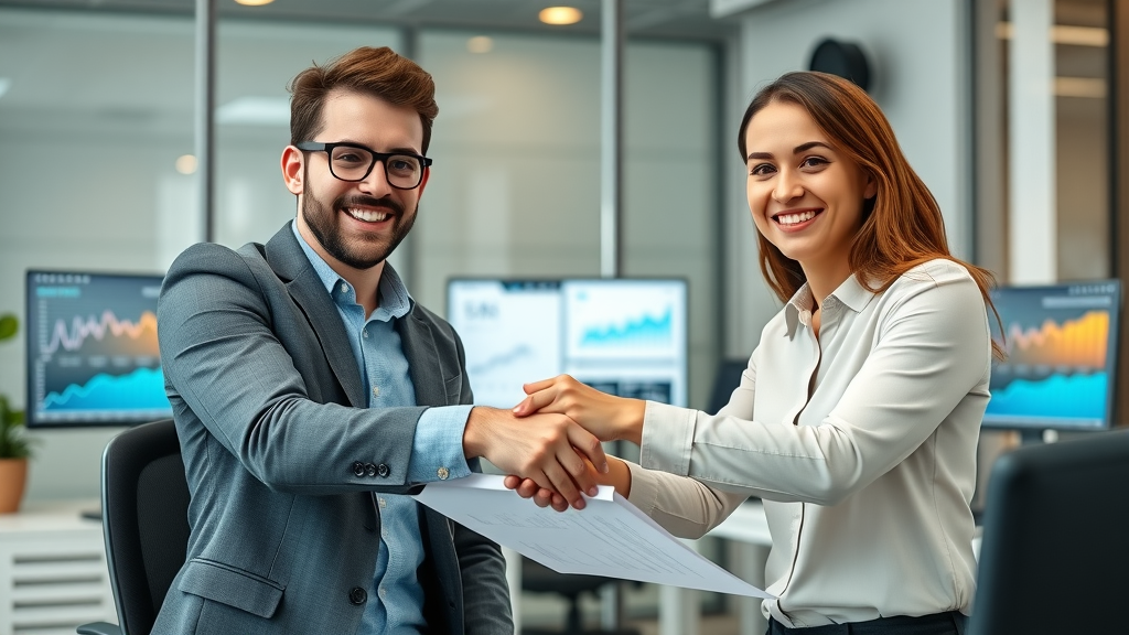 Small business partners negotiating equity financing with handshake