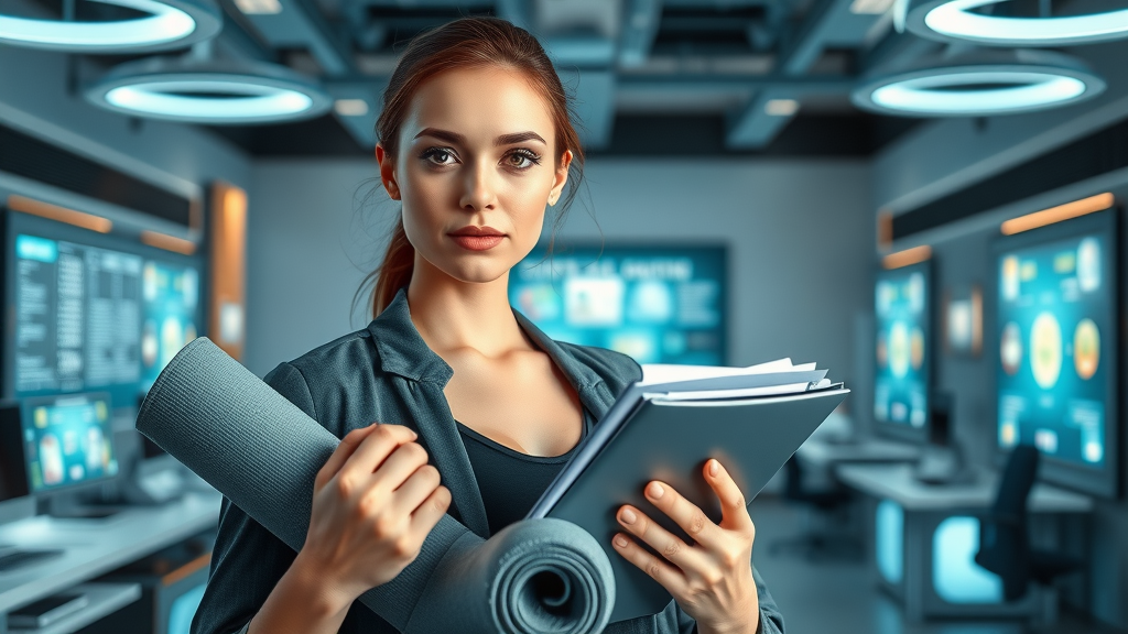 Focused woman balancing work and personal wellness, visualizing work-life balance for women in a futuristic workspace