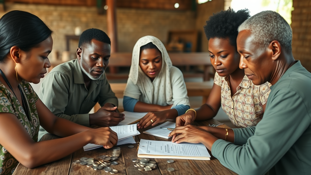 Community members counting coins and managing savings ledgers in saving groups for financial empowerment,