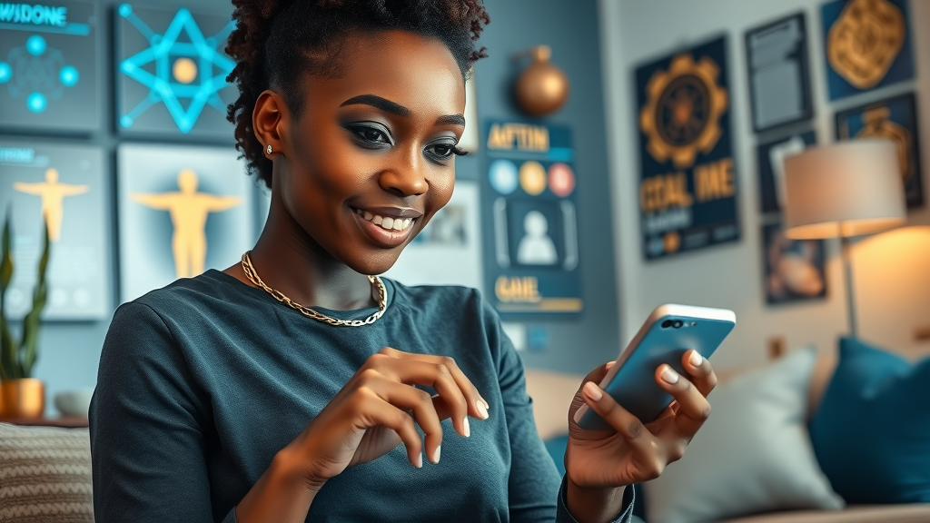 africana woman using digital tools to set SMART goals with vision boards and afrocentric motifs