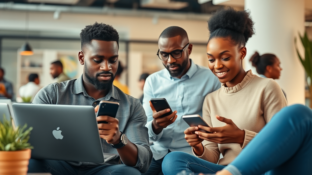 inspiring African entrepreneurs collaborating with laptops and smartphones, digital transformation for African entrepreneurs in a vibrant coworking space
