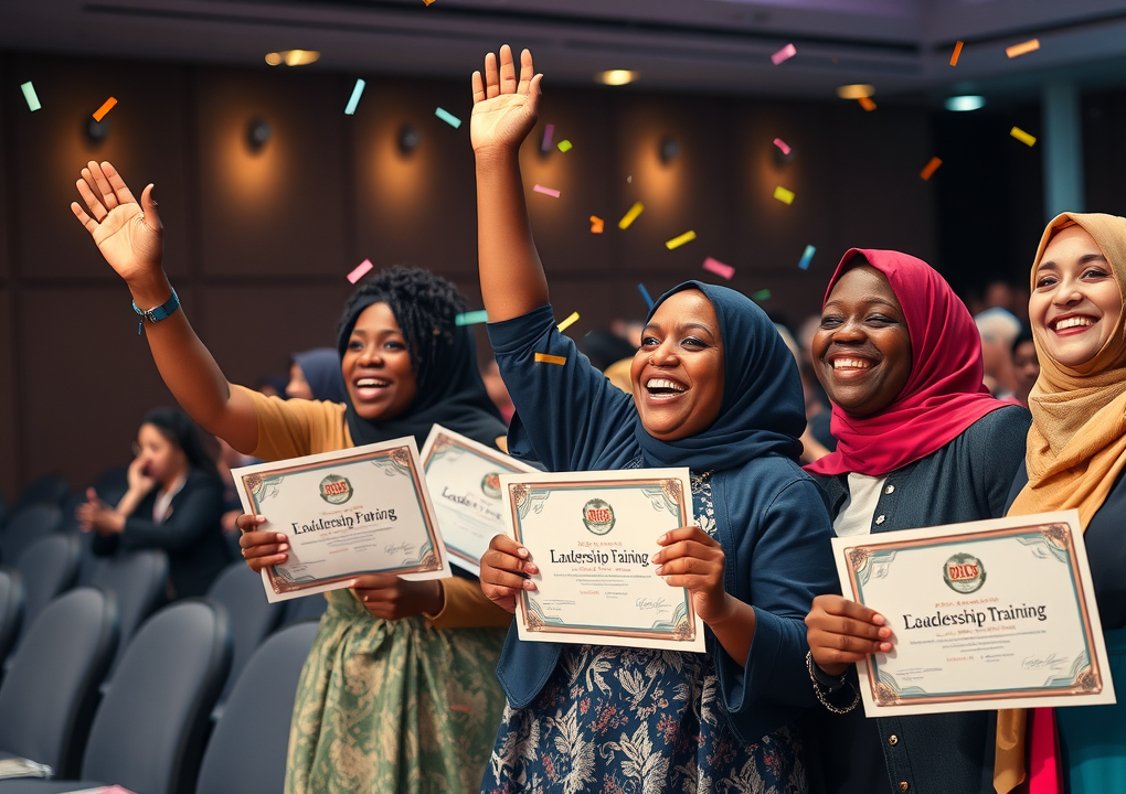 diverse women celebrating after leadership training mentors and sponsors leadership roles