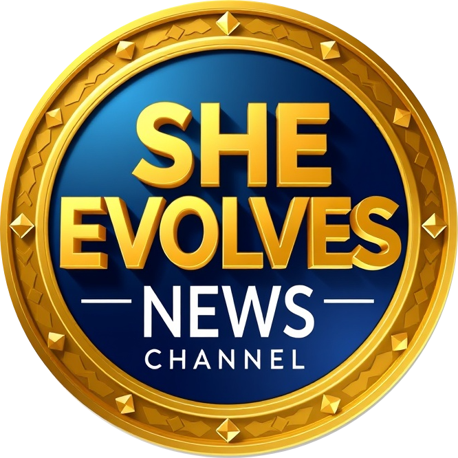 3D circular logo for SHE EVOLVES NEWS with elegant design and bold typography.