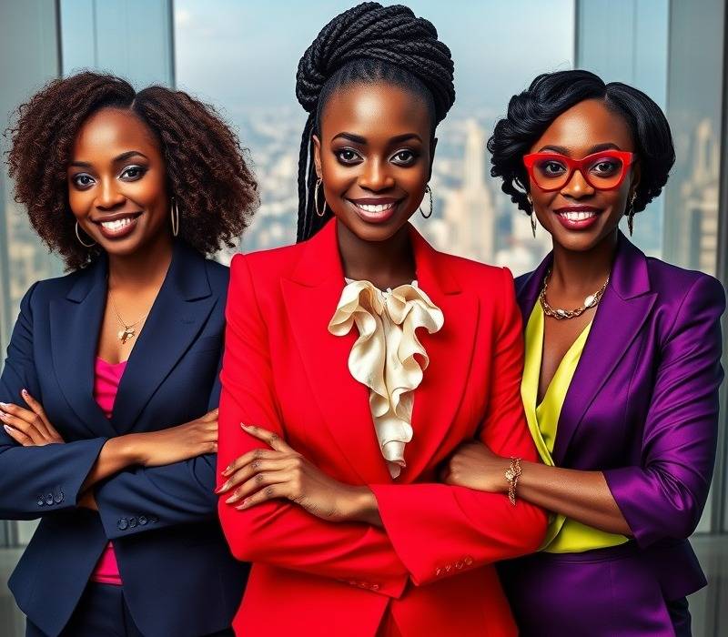 Elegant African women in bold suits with polished nails, showcasing modern professionalism.